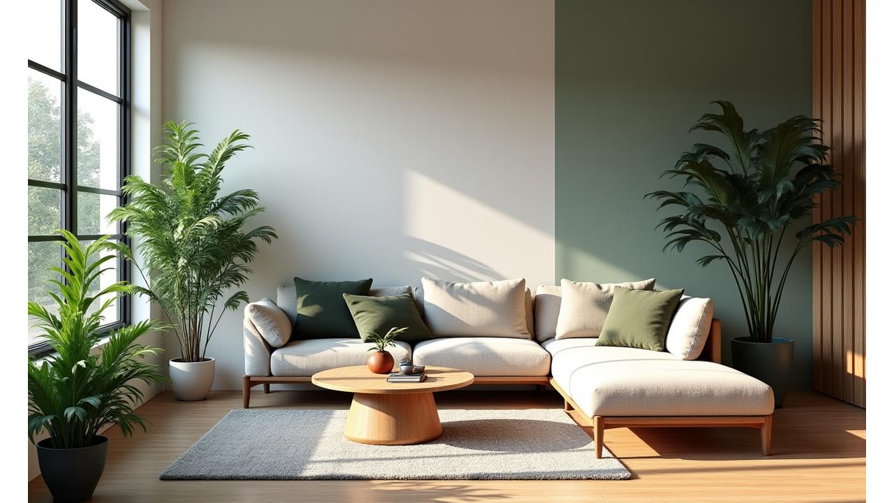 Moderne, bærekraftig interiørdesign med naturlig lys og planter, illustrerer luksus med miljøbevissthet.