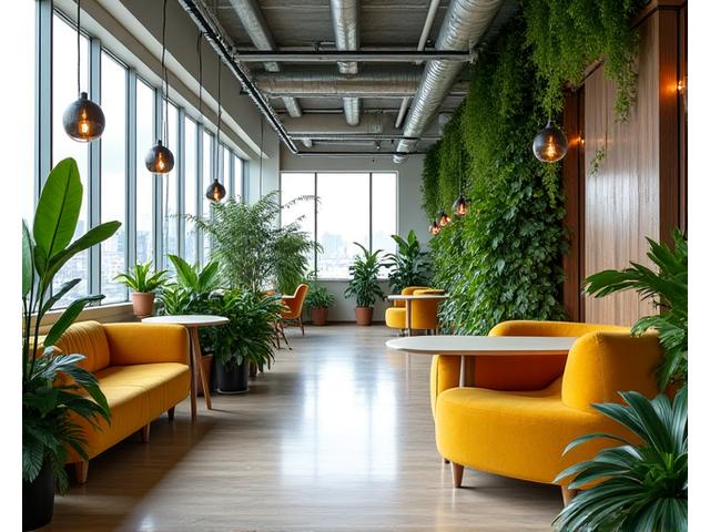 Moderne, åpent kontorlandskap i Oslo med upcyclede møbler og grønne vegger.