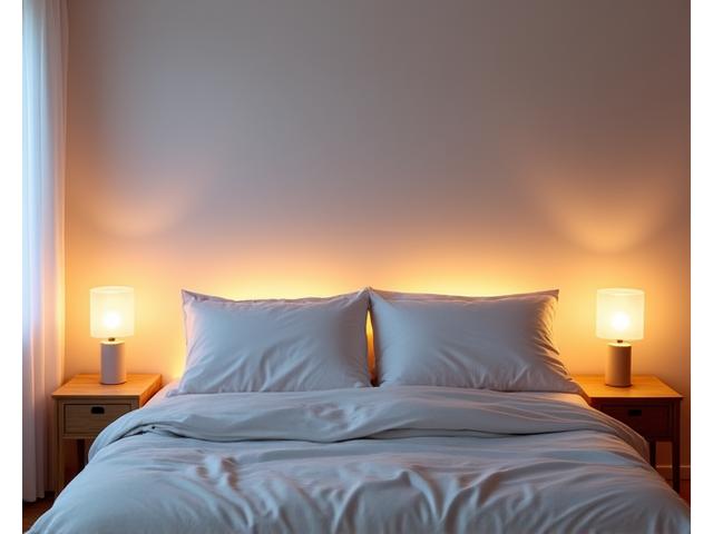 Soverom med myk, dimbar belysning og sidebordslamper for en avslappende atmosfære