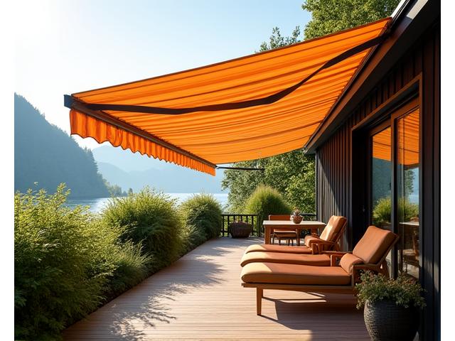Motoriserte markiser over en terrasse på en solrik dag med grøntområder i bakgrunnen