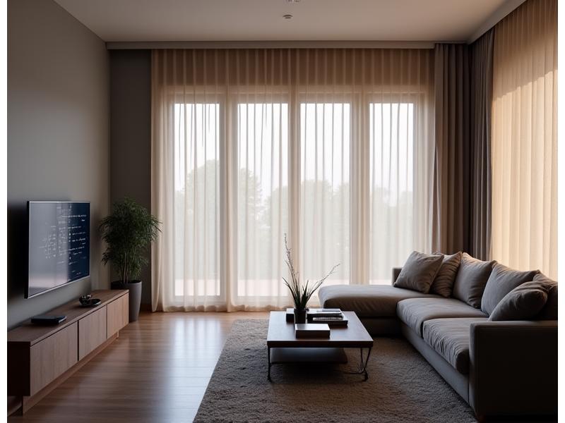 Et elegant hjem med motoriserte gardiner som styres via en berøringsskjerm eller app