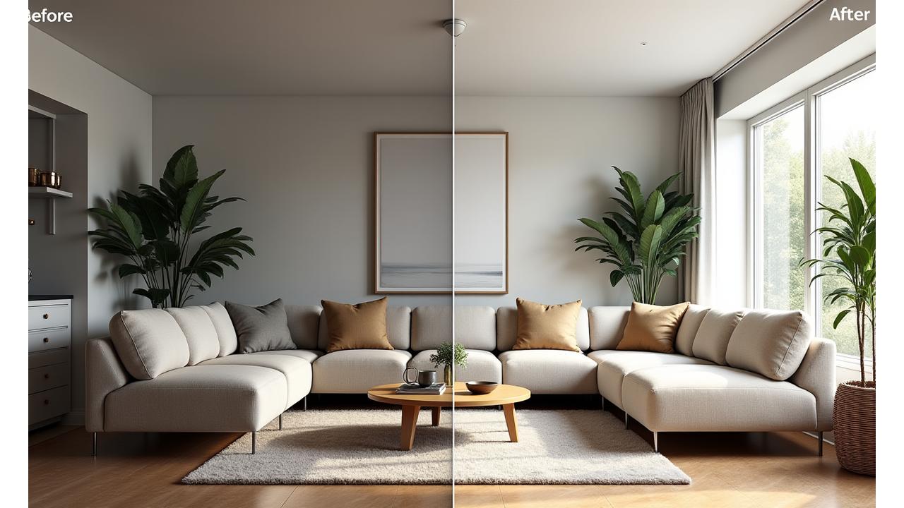 Før og etter styling av en stue, som viser forbedret appell og atmosfære for boligpresentasjon