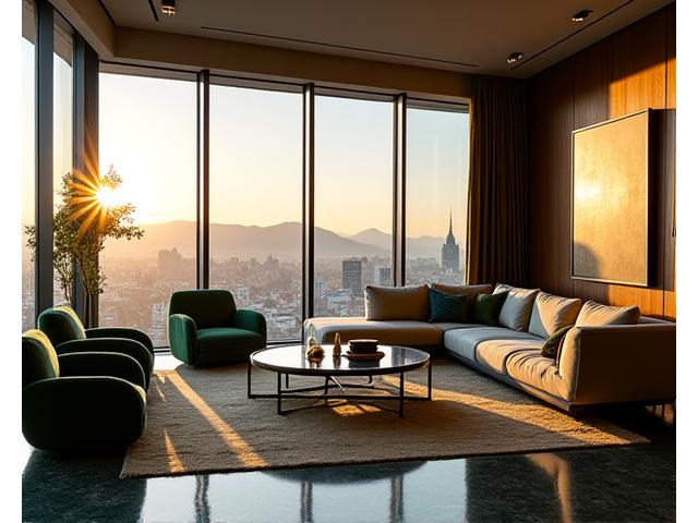 Luksuriøs stue med designmøbler, kunst og store vinduer mot en byutsikt