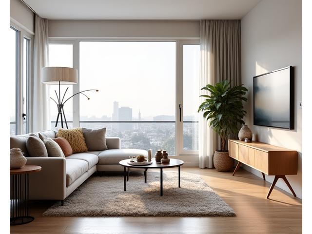 Elegant innredet, tom stue klar for visning med moderne møbler og kunst