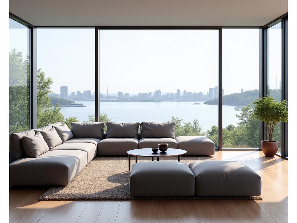 Lys og moderne leilighet i Oslo med panoramautsikt over fjorden og byen. Interiøret har rene linjer, en grå modulsofa, og store vinduer som slipper inn rikelig med naturlig lys, reflekterende nordisk design.