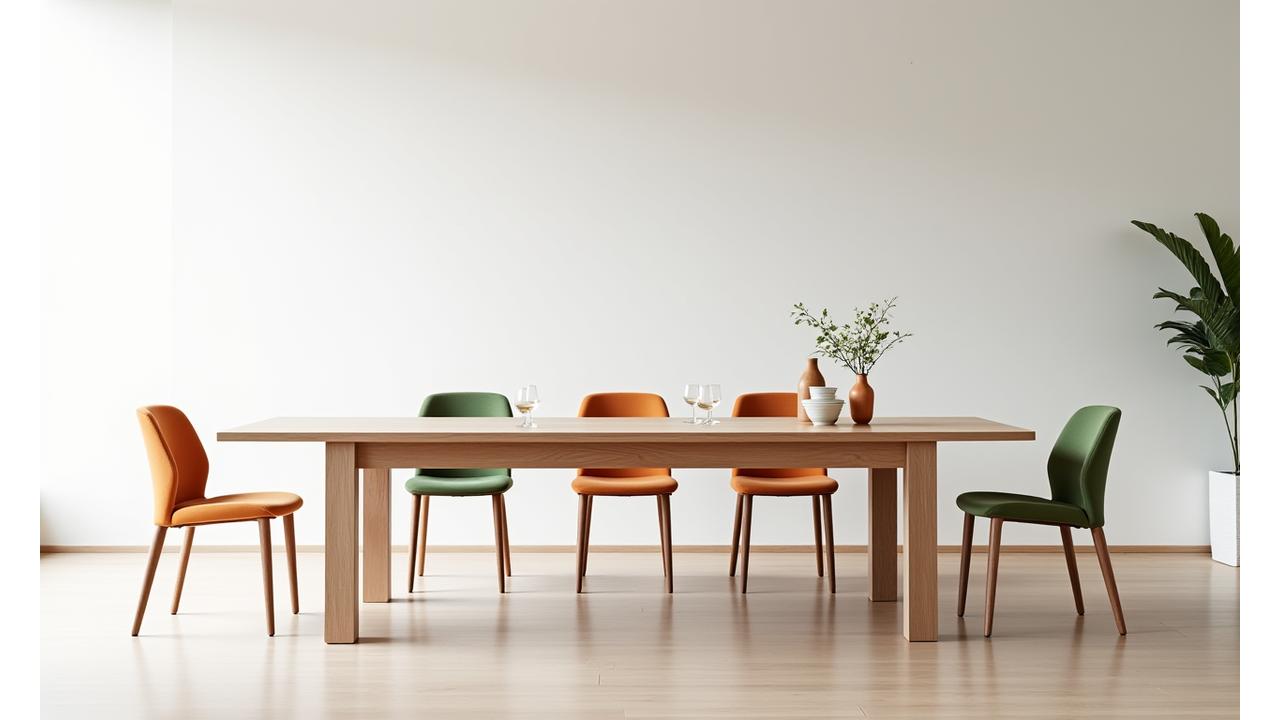 Et moderne spisebord i tre som utvides fra et kompakt design til en stor middagsflate, i et stilrent skandinavisk interiør.