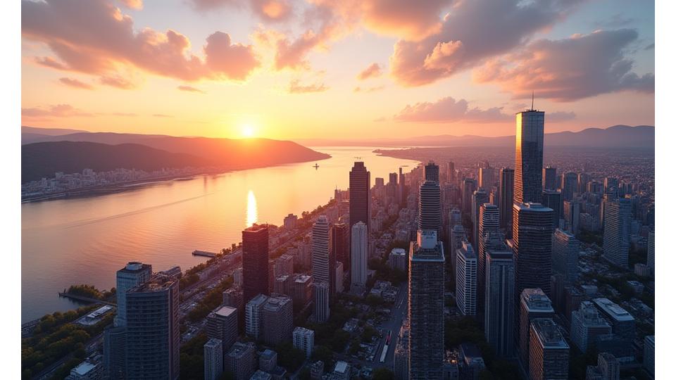 Oslos skyline ved solnedgang, med moderne arkitektur og fjordutsikt, symboliserer urban livsstil.