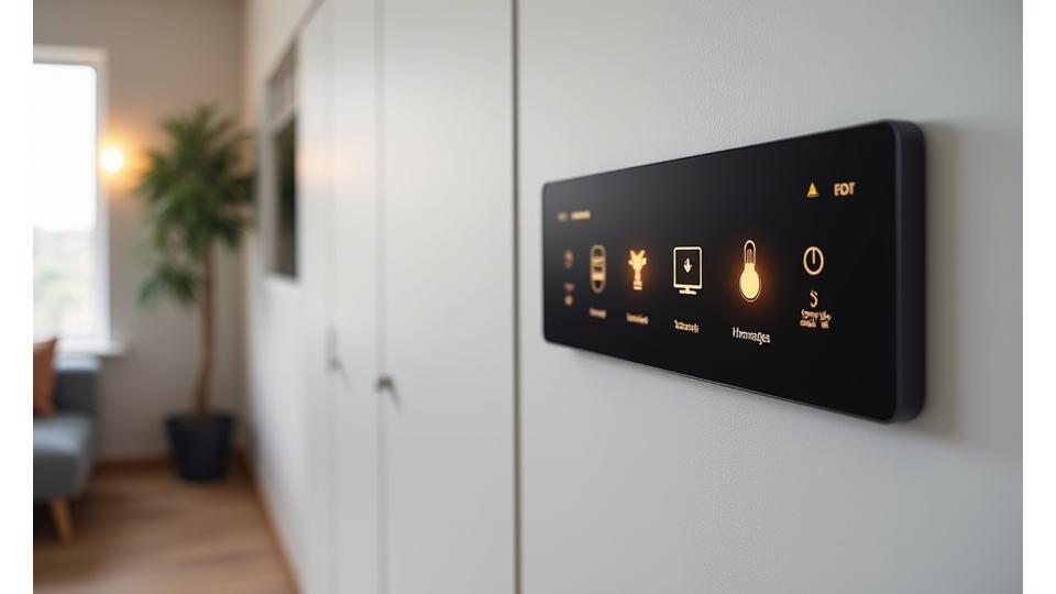 Et moderne smart hjem kontrollpanel integrert i en vegg, med intuitive ikoner for belysning, temperatur og møbelkontroll.