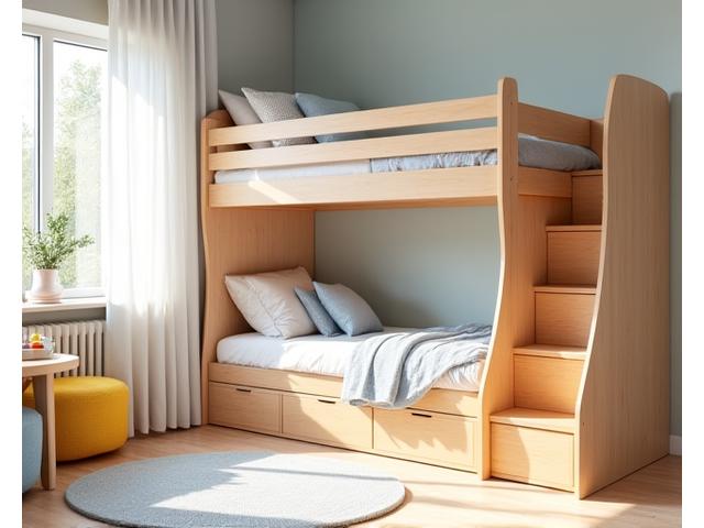 Et barnerom med en spesialdesignet køyeseng med avrundede kanter og innebygd stige, laget av lyst tre, med sikkerhetsfokus og lekne detaljer.