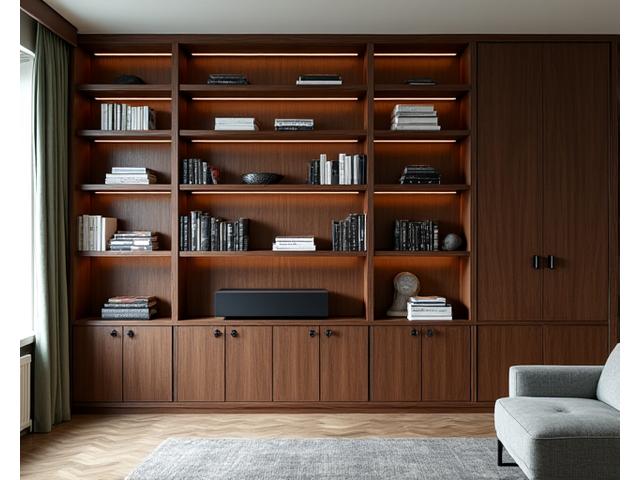 En elegant, innebygd bokhylle i mørkt tre med skjult belysning og et integrert lydsystem, fylt med klassiske bøker i en Frogner-villa.