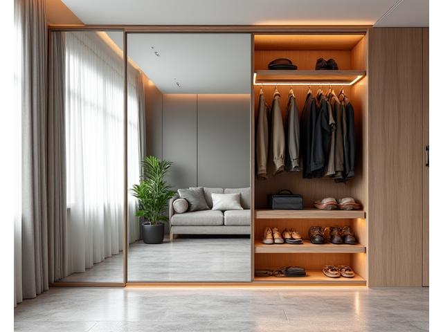 En elegant, innebygd garderobe med LED-belysning inni og store speildører som reflekterer et lyst rom.