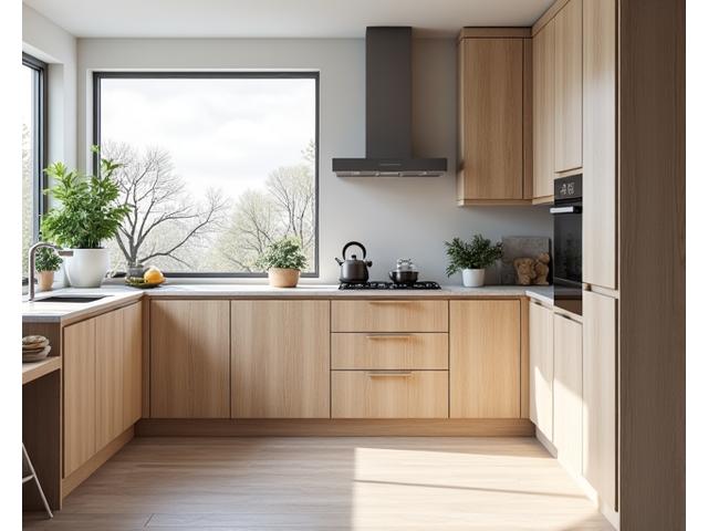 Et moderne, skreddersydd kjøkken i eik med rene linjer og integrerte hvitevarer, lyssatt av naturlig lys.