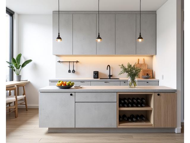 En stilig, modulær kjøkkenøy i lys betong og tre i en Grünerløkka-leilighet, med vinlagring og en frokostbar.
