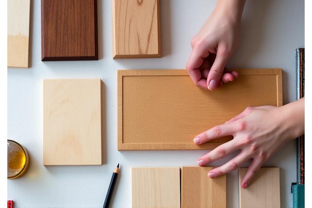 En nærbilde av ulike treprøver – lys eik, mørk valnøtt, og en oljet furu – arrangert på en håndverkerbenk, med fokus på den naturlige teksturen.