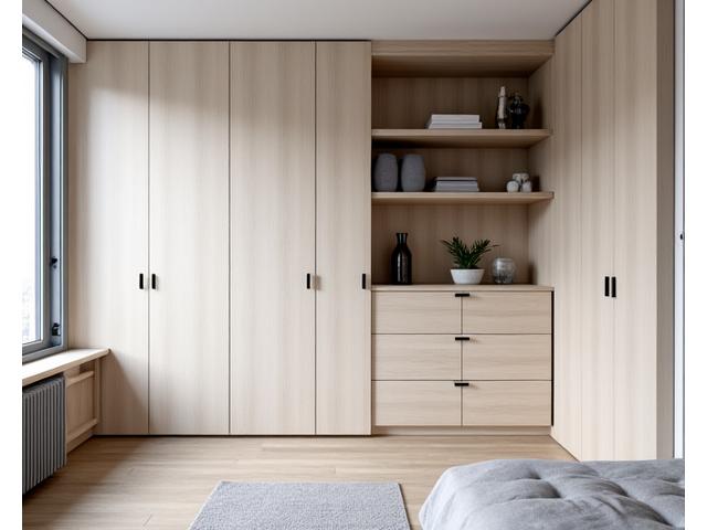 En smart, plassbesparende oppbevaringsløsning med innebygde skap og hyller i en liten Majortuen-leilighet, i lys bjørkefiner.