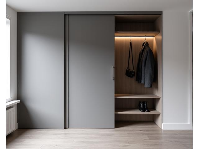 Et elegant, skreddersydd garderobeskap i en minimalistisk gang, med skyvedører og diskret belysning.