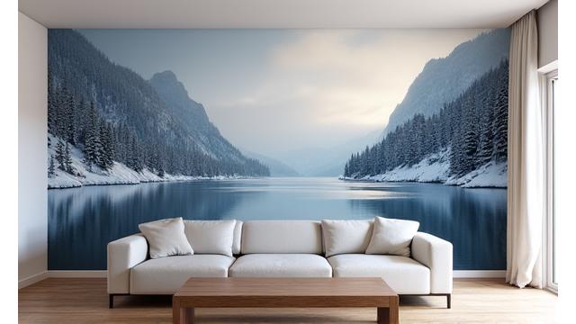 Storformat fototapet av et stemningsfullt vinterlandskap fra Nordmarka i en moderne stue med minimalistisk innredning