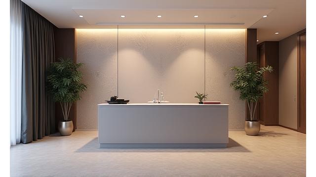 Moderne kontor resepsjonsområde med en storformat tapet som integrerer et diskret firmalogo og merkevaremønster