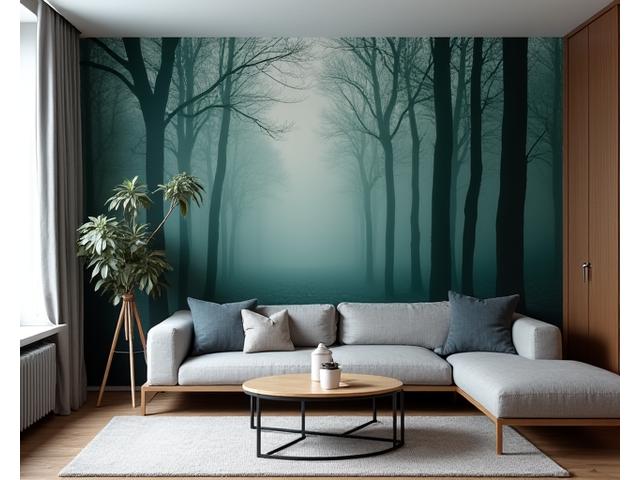 Dramatisk fototapet av Nordmarka med dype grønne og blå toner i en moderne minimalistisk stue i Grünerløkka
