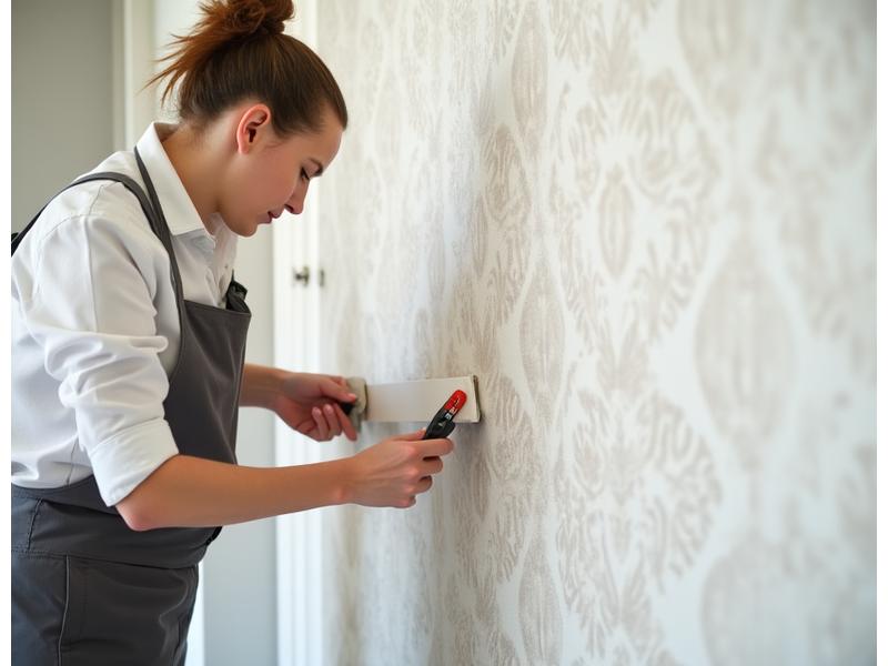 En erfaren tapetmontør utfører presis installasjon av et skreddersydd tapet, med fokus på detaljer og sømløs overgang