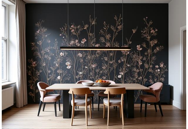 Elegant spisestue med en statement-vegg dekorert med håndtegnet norsk flora på en mørk bakgrunn