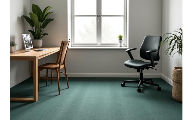 Et moderne hjemmekontor med et lydabsorberende teppe under et minimalistisk skrivebord.