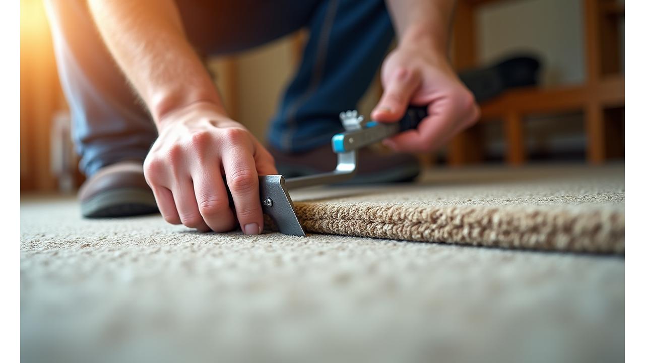 Nærstudie av en profesjonell teppelegging, med fokus på presisjon og verktøy.
