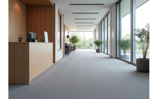 Et holdbart og funksjonelt teppe i et moderne kontorlandskap med høy trafikk.