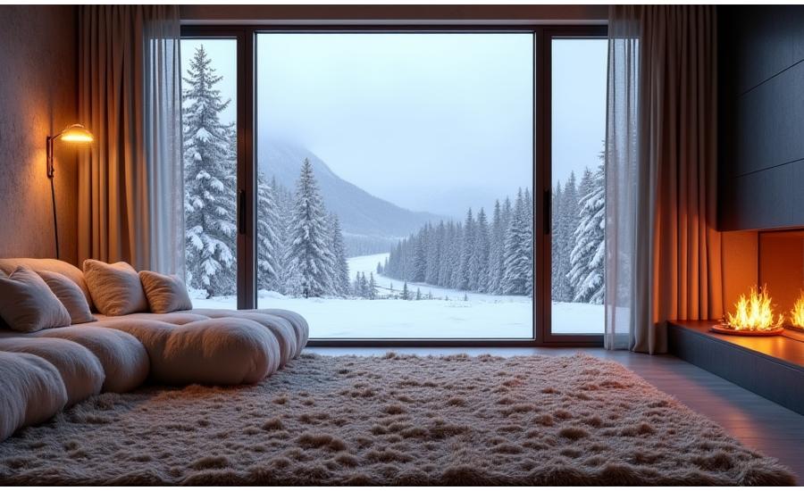 Et tykt, varmt teppe i en moderne nordisk hytte, med snødekket landskap utenfor vinduet.