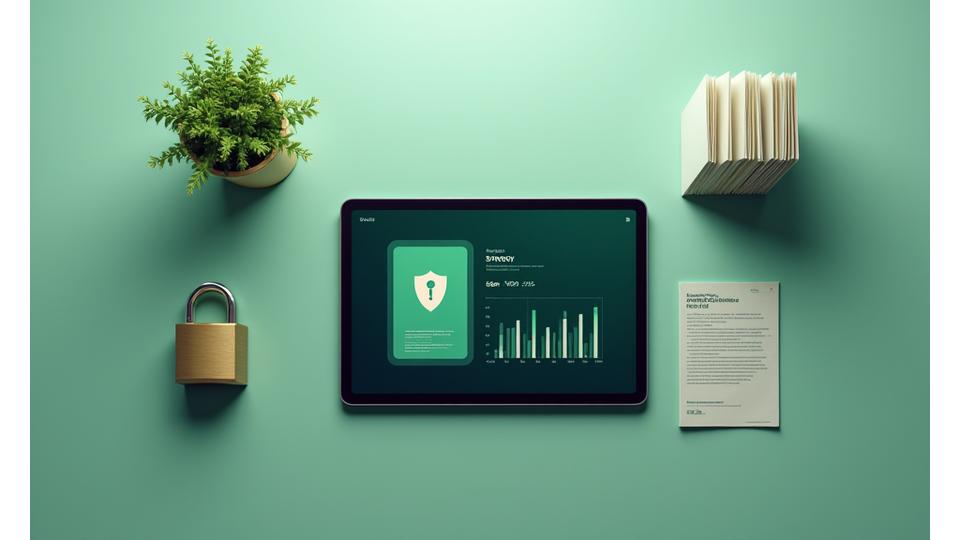 Illustrasjon av en digital skjerm som viser sikre data og en hengelås, som representerer databeskyttelse.